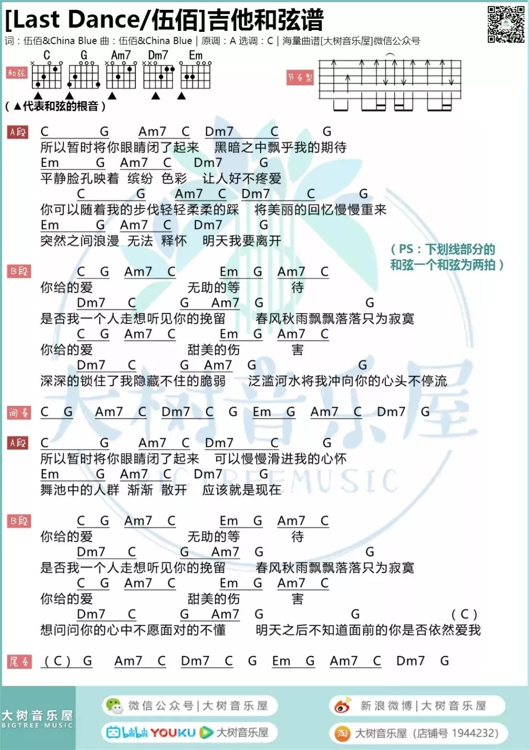 Last Dance吉他谱_伍佰_LastDance_大树音乐屋_C调 