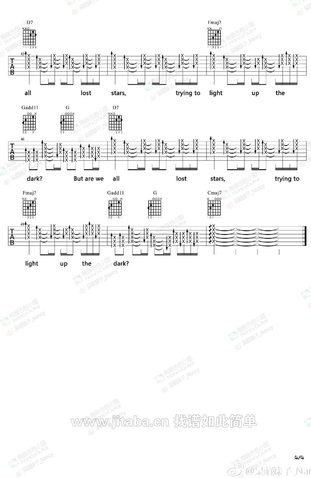 Lost Stars吉他谱_AdamLevine_LostStars_南音吉他小屋_F调