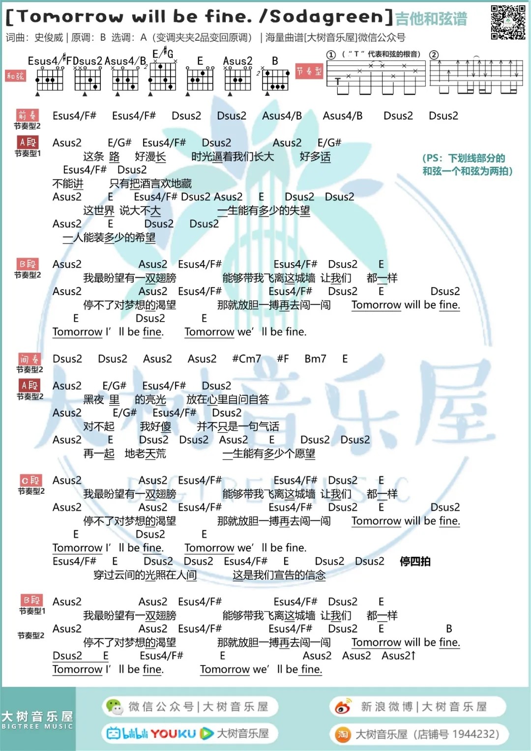 Tomorrow will be fine吉他谱_苏打绿_Tomorrowwillbefine_大树音乐屋_A调