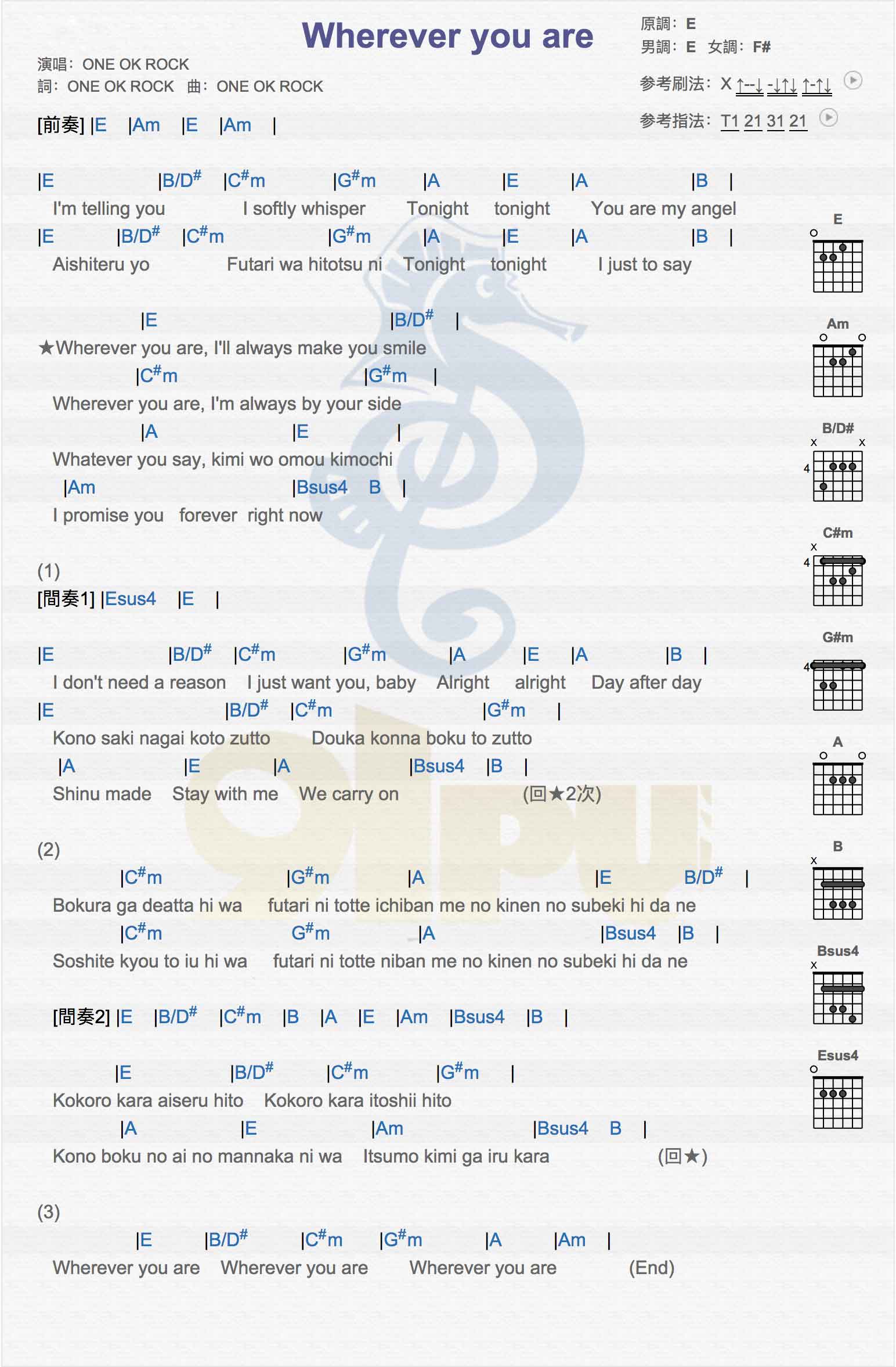 Wherever you are吉他谱_OneOkRock_Whereveryouare_网络转载_E调