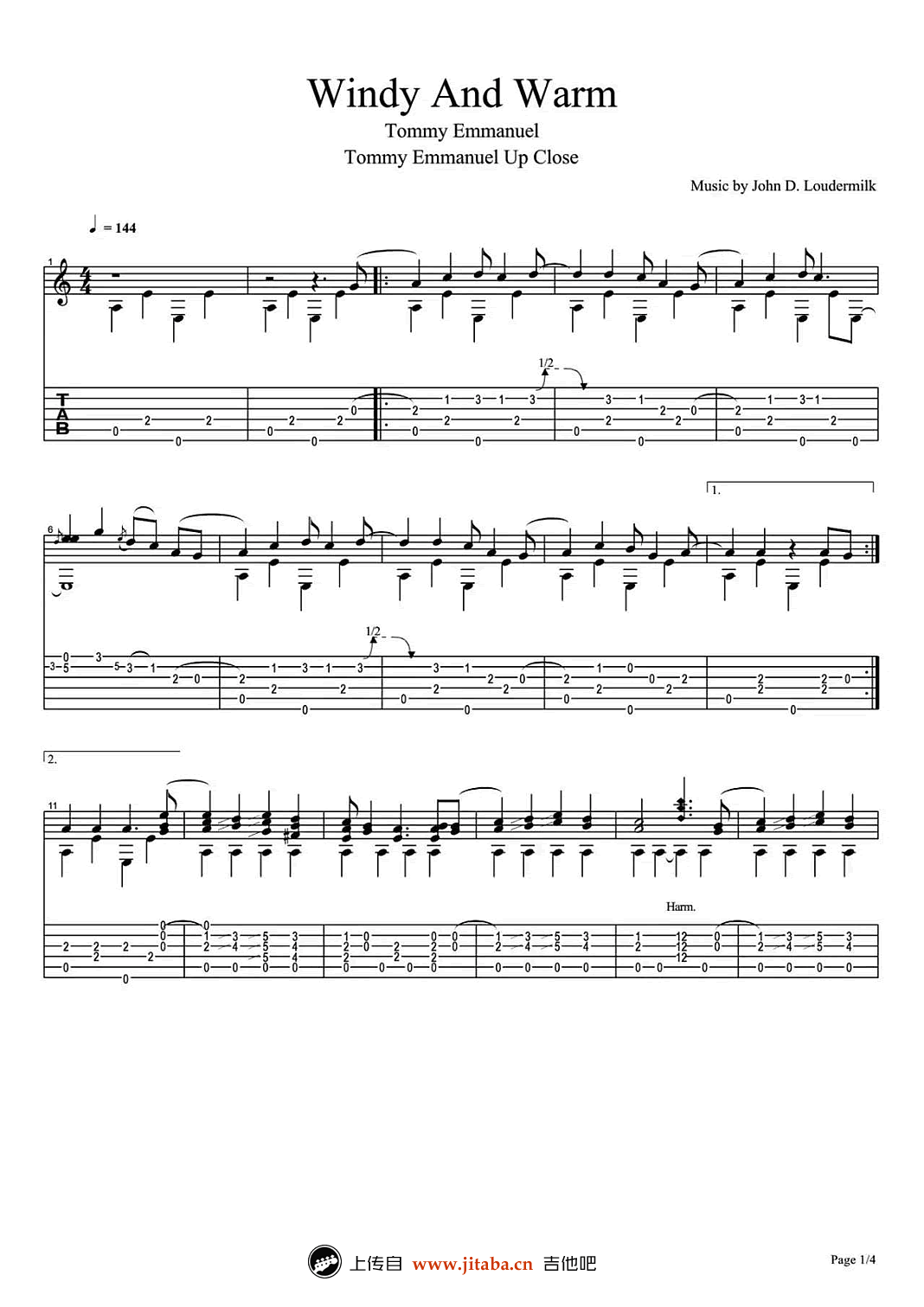 Windy And Warm吉他谱_TommyEmmanuel_WindyAndWarm指弹谱原版六线谱_吉他吧_调_Windyandwarm 