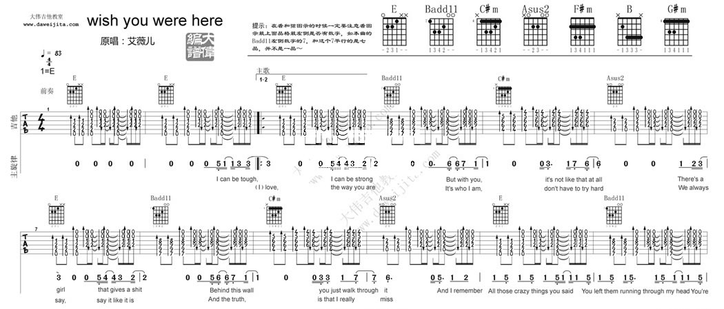 Wish You Were Here吉他谱_艾薇儿_WishYouWereHere_大伟吉他教室_E调