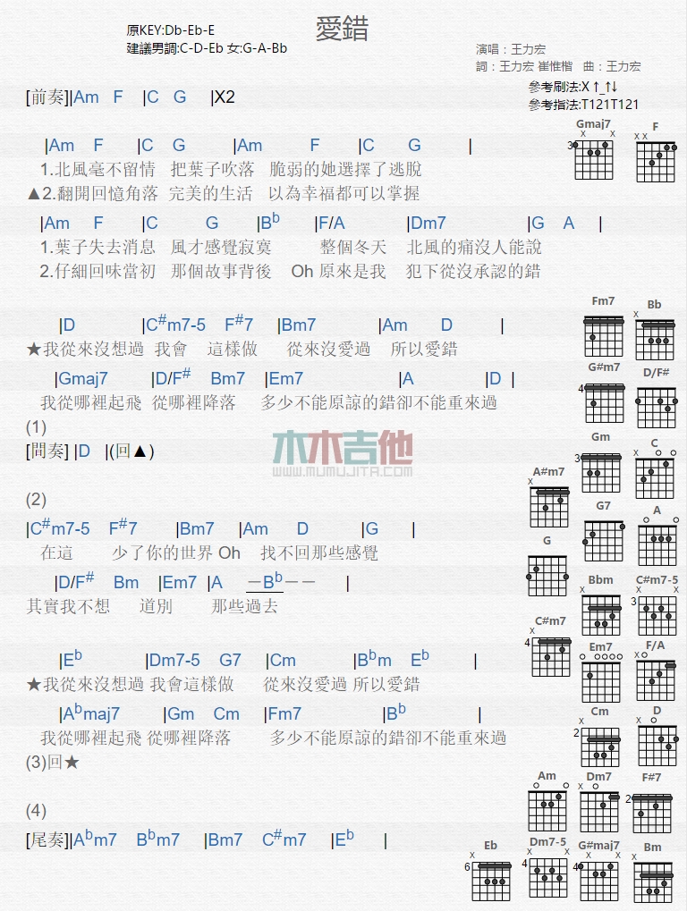 爱错吉他谱_王力宏_木木吉他_A调