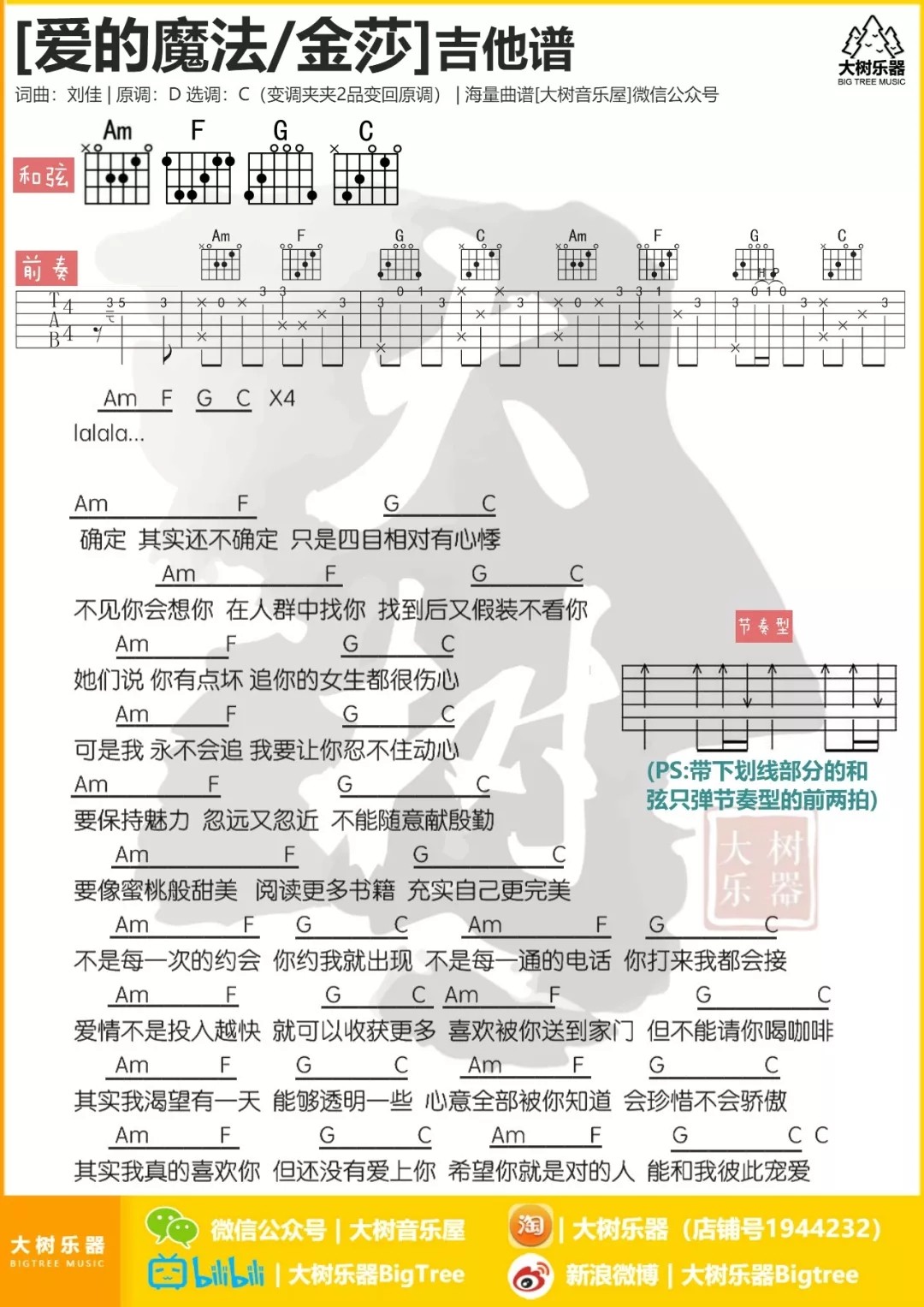 爱的魔法吉他谱_金莎_大树音乐屋_C调