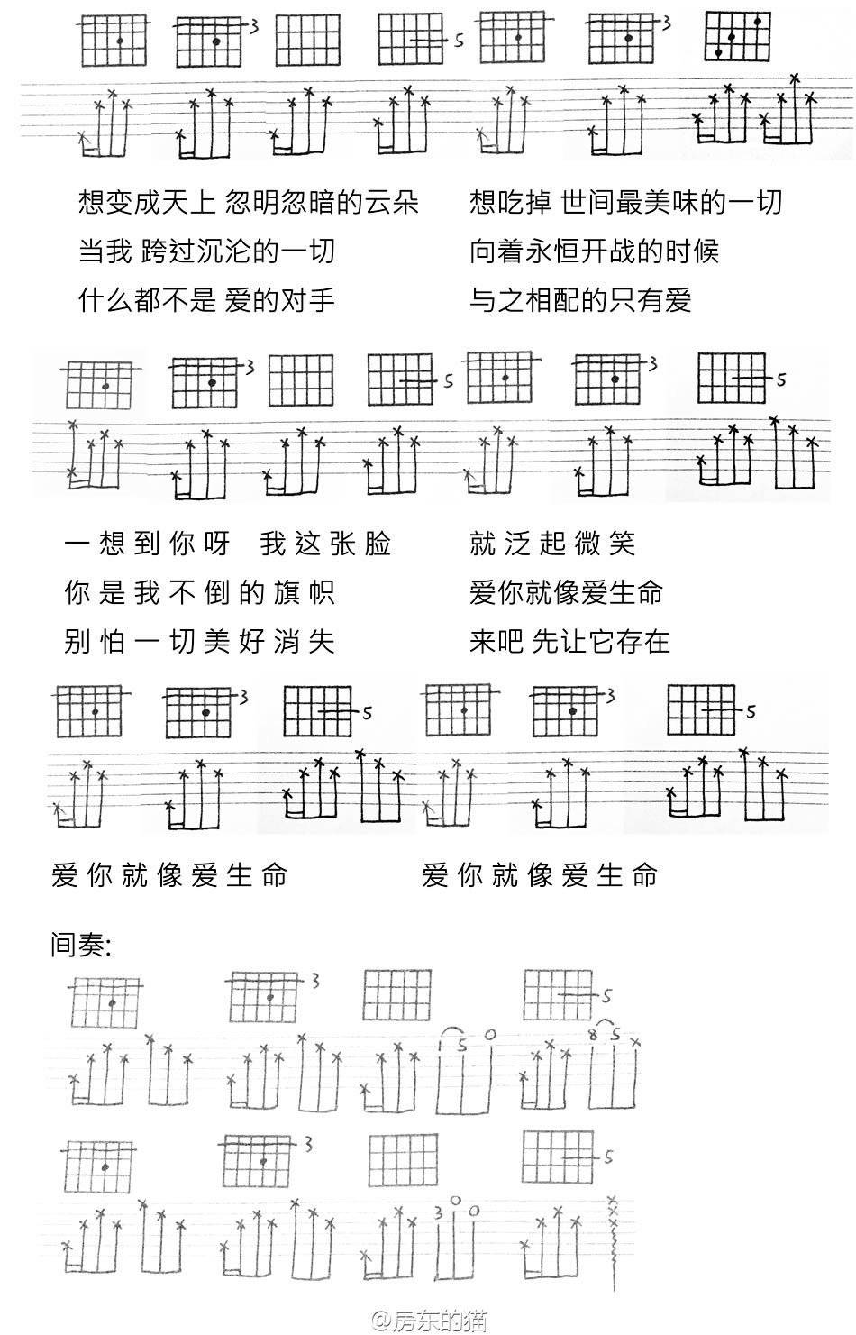 爱你就像爱生命吉他谱_房东的猫_网络转载_六线谱_变调
