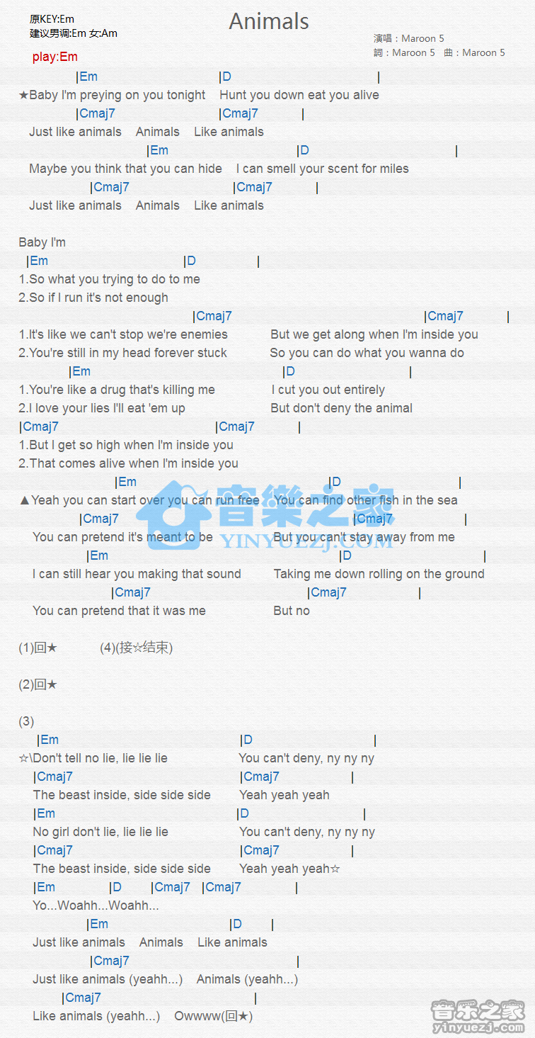 animals吉他谱_Maroon5_音乐之家_E调