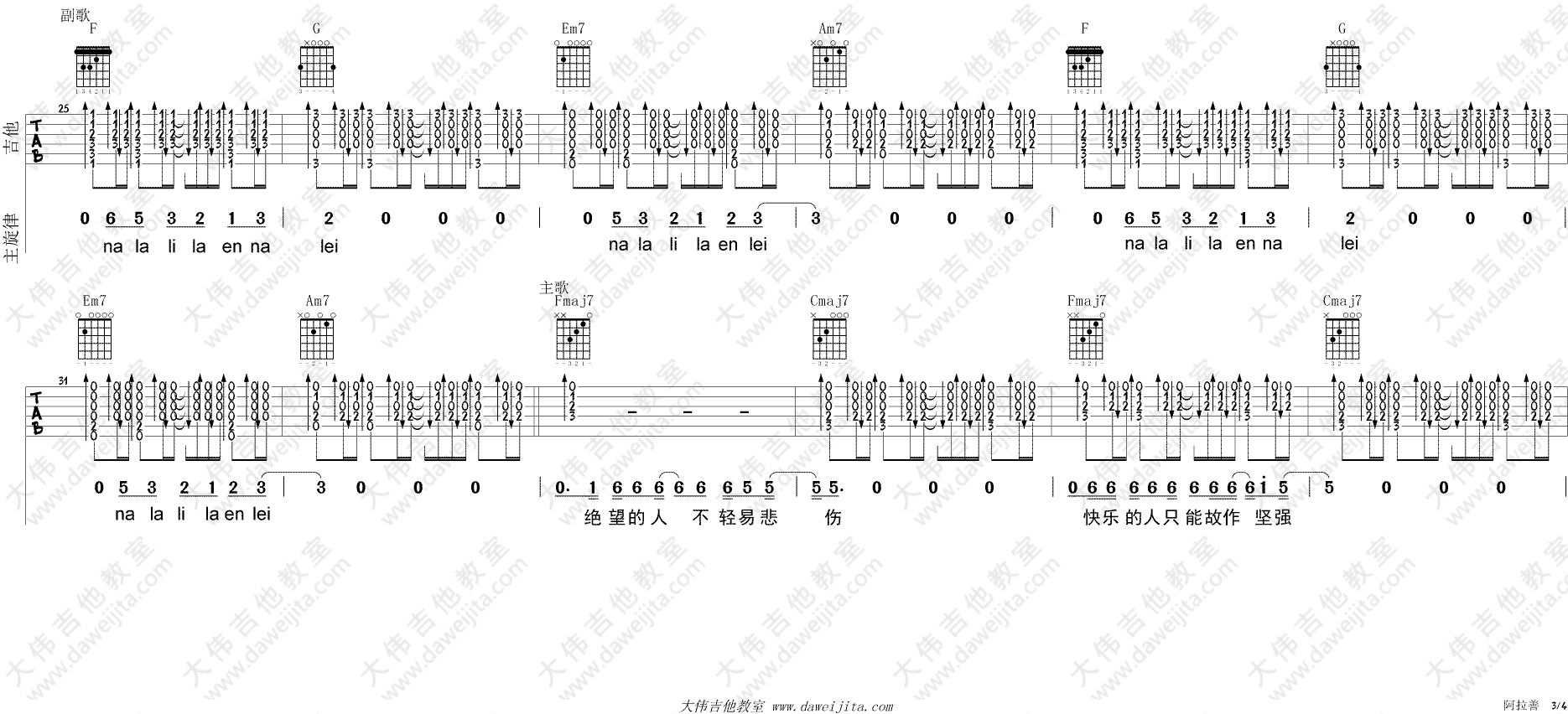 阿善拉吉他谱_贰佰_大伟吉他教室_C调