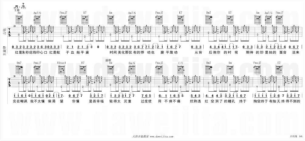 白玫瑰吉他谱_陈奕迅_大伟吉他教室_C调