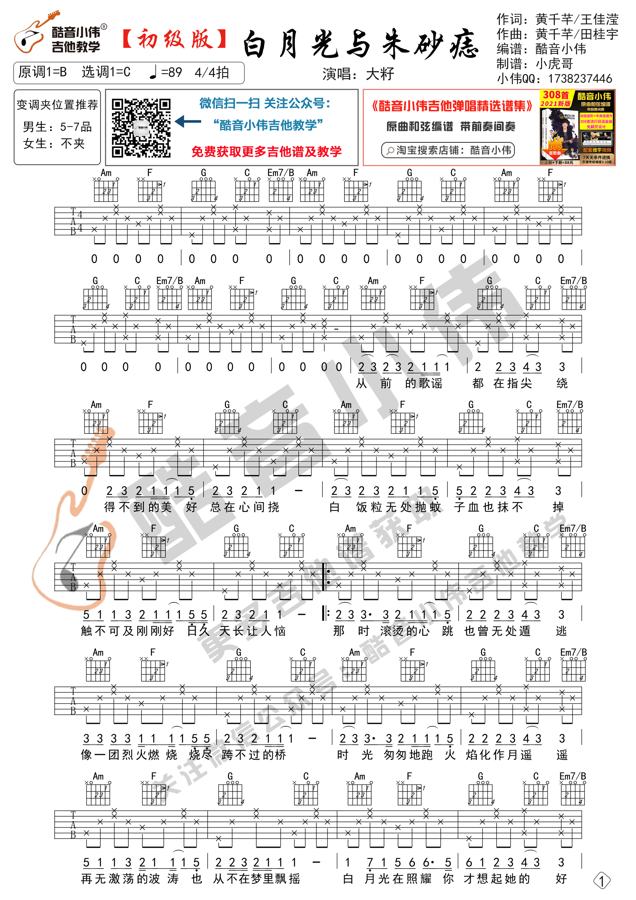 白月光与朱砂痣吉他谱_大籽_酷音小伟_吉他谱C调_C调 