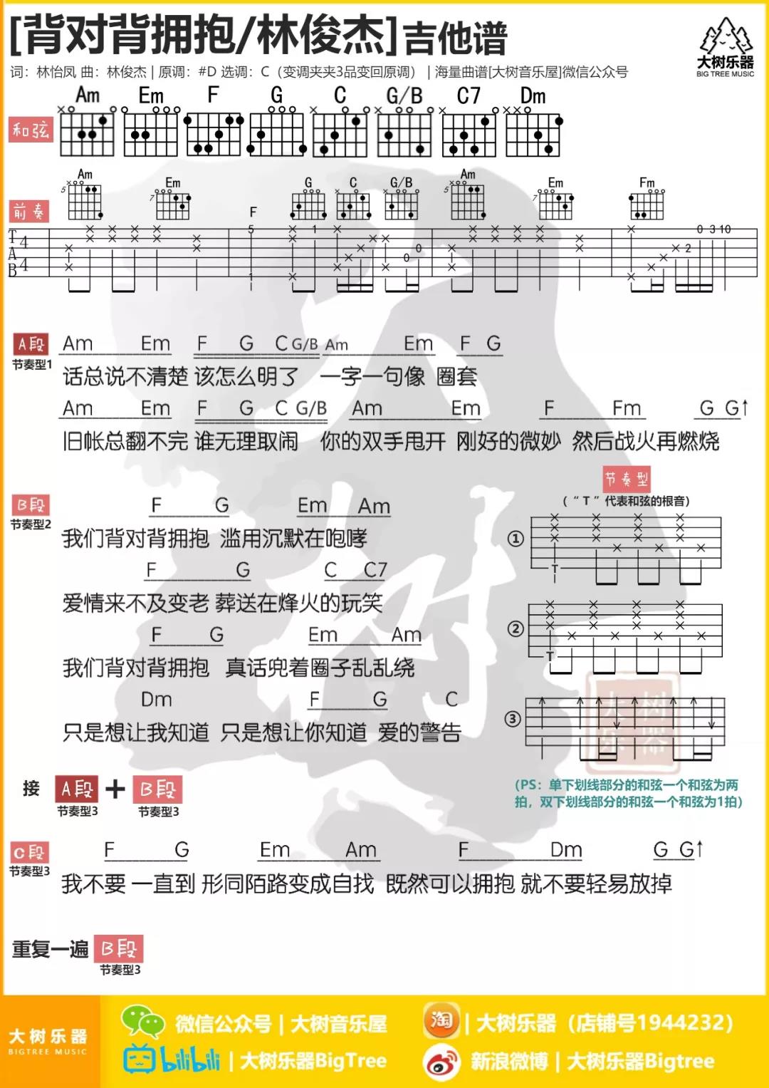 背对背拥抱吉他谱_林俊杰_大树音乐屋_C调