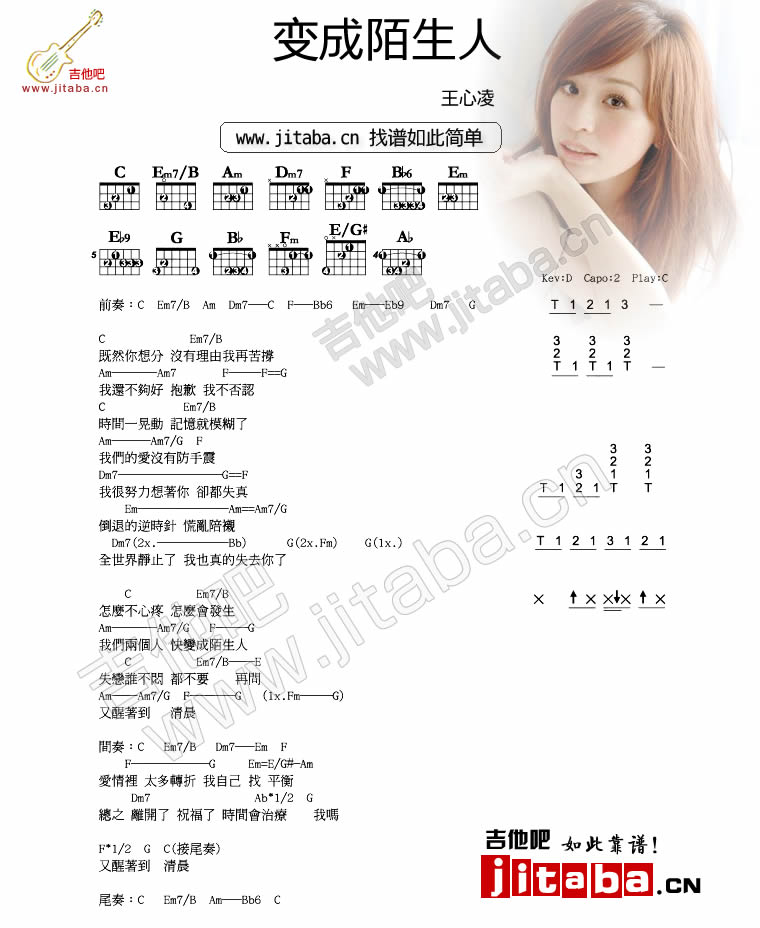 变成陌生人吉他谱_王心凌_吉他吧_C调