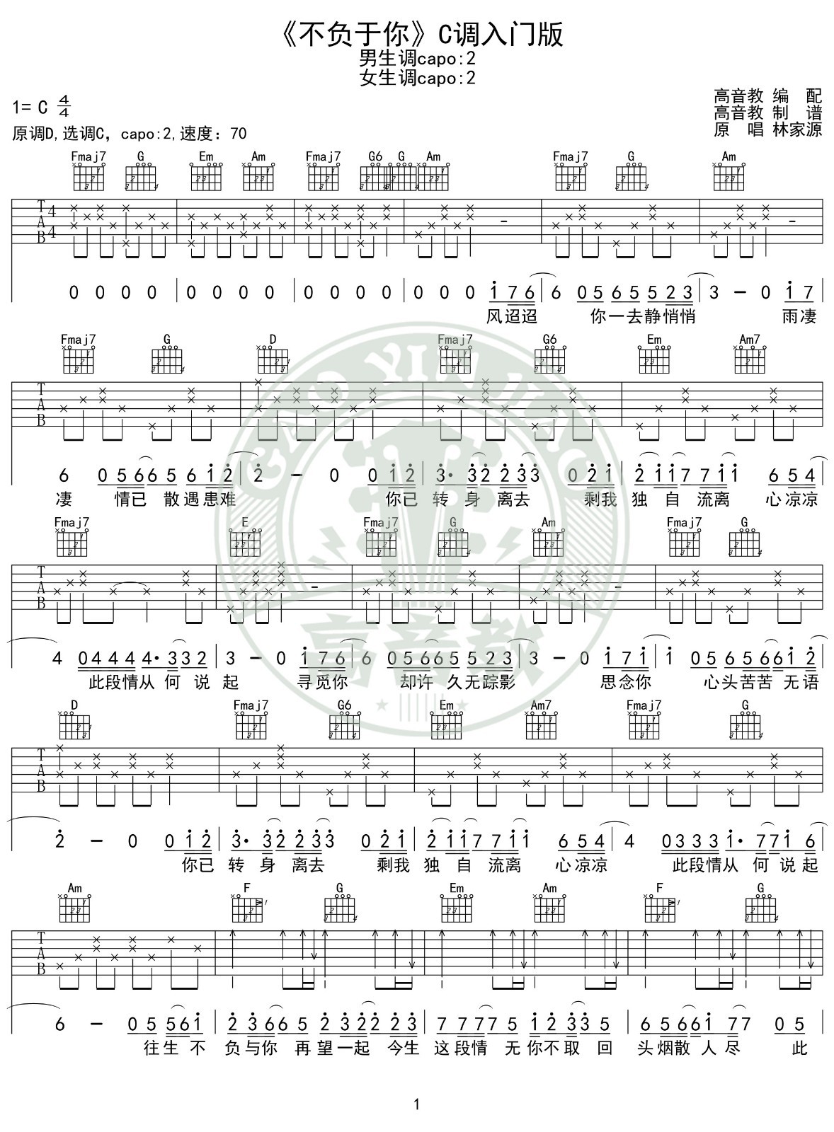 不负于你吉他谱_林家源_高音教_C调