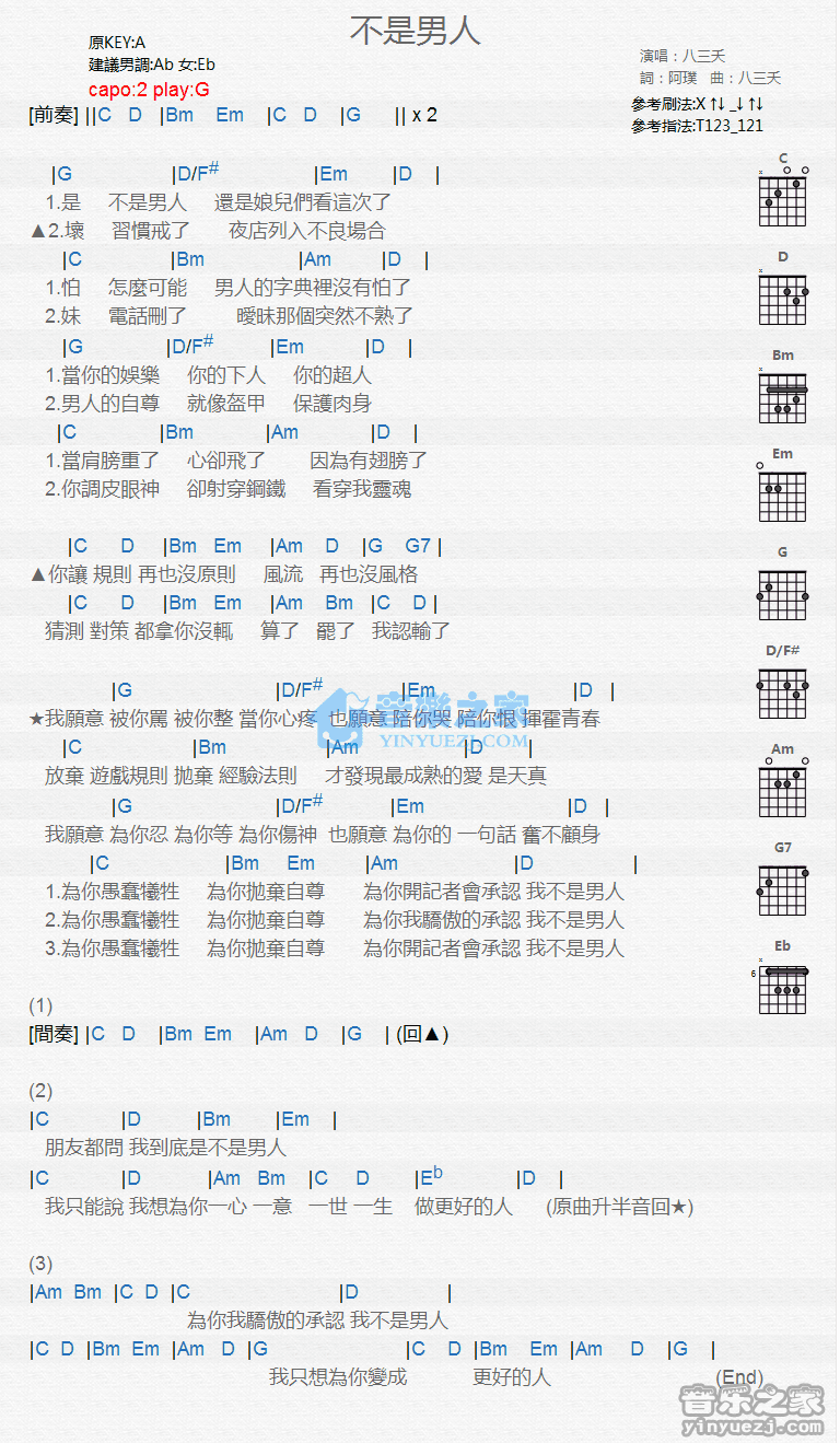 不是男人吉他谱_八三夭_音乐之家_G调