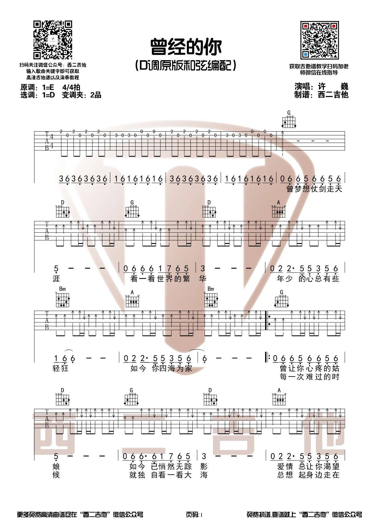 曾经的你吉他谱_许巍_西二吉他_D调