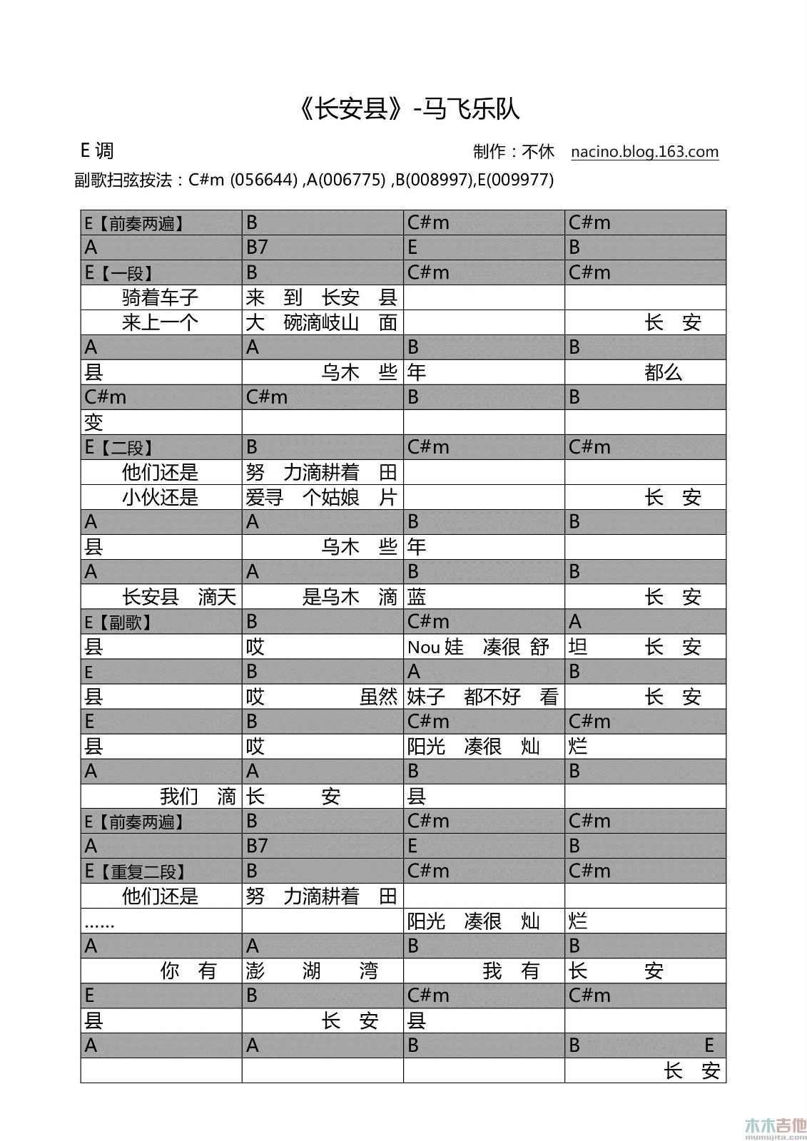 长安县吉他谱_马飞_不休_E调