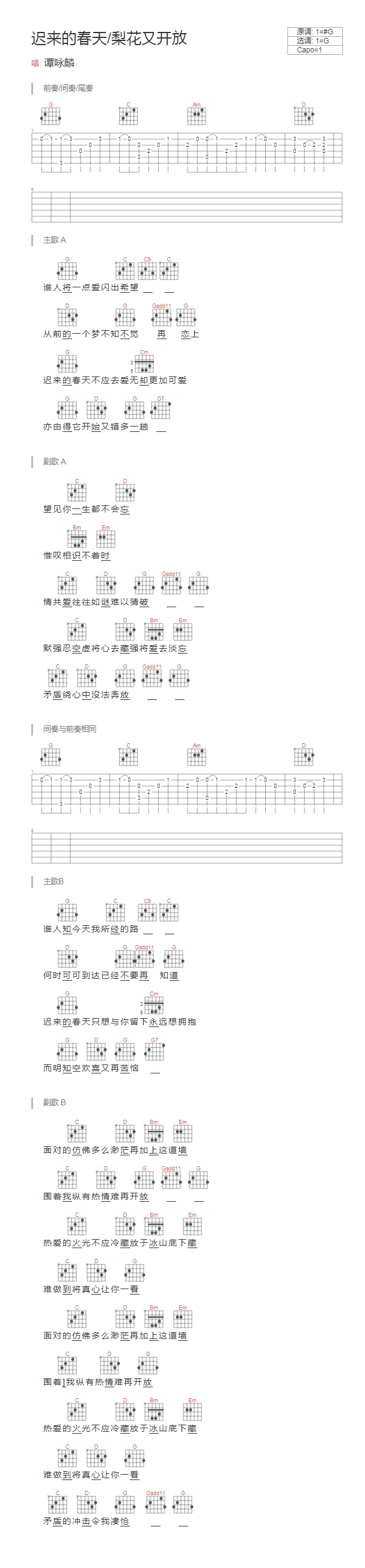 迟来的春天吉他谱_谭咏麟_网络转载_G调