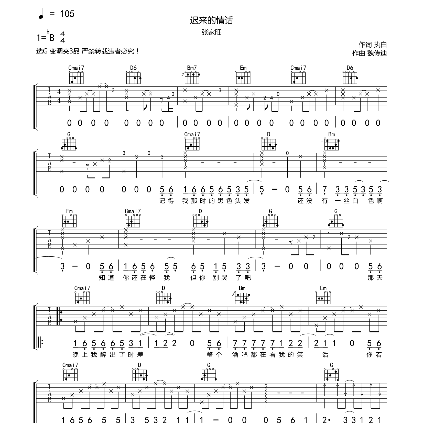 迟来的情话吉他谱_张家旺_酷玩吉他_G调