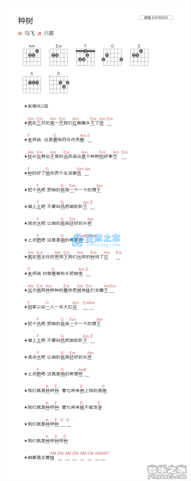 种树吉他谱_马飞_音乐之家_C调
