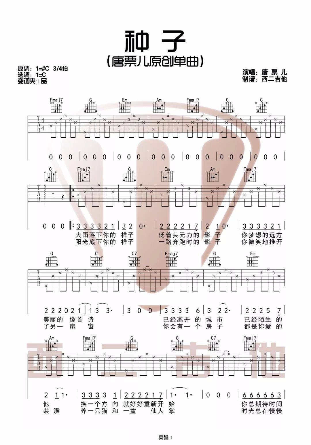 种子吉他谱_唐票儿_C调_西二吉他