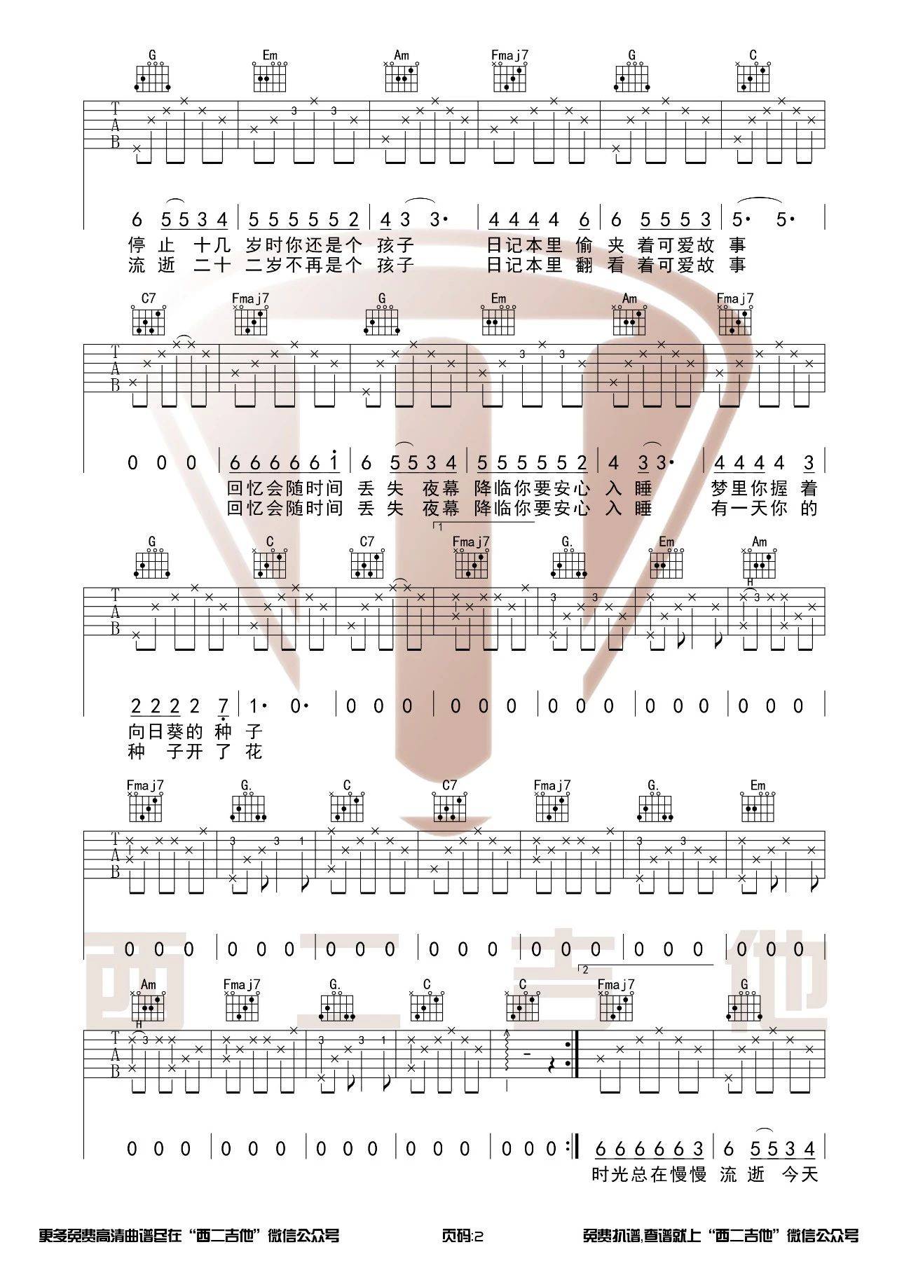 种子吉他谱_唐票儿_西二吉他_C调