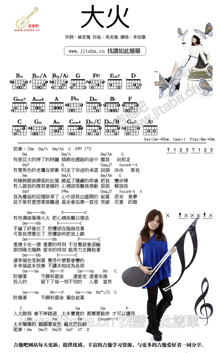 大火吉他谱_李佳薇_吉他吧_B调