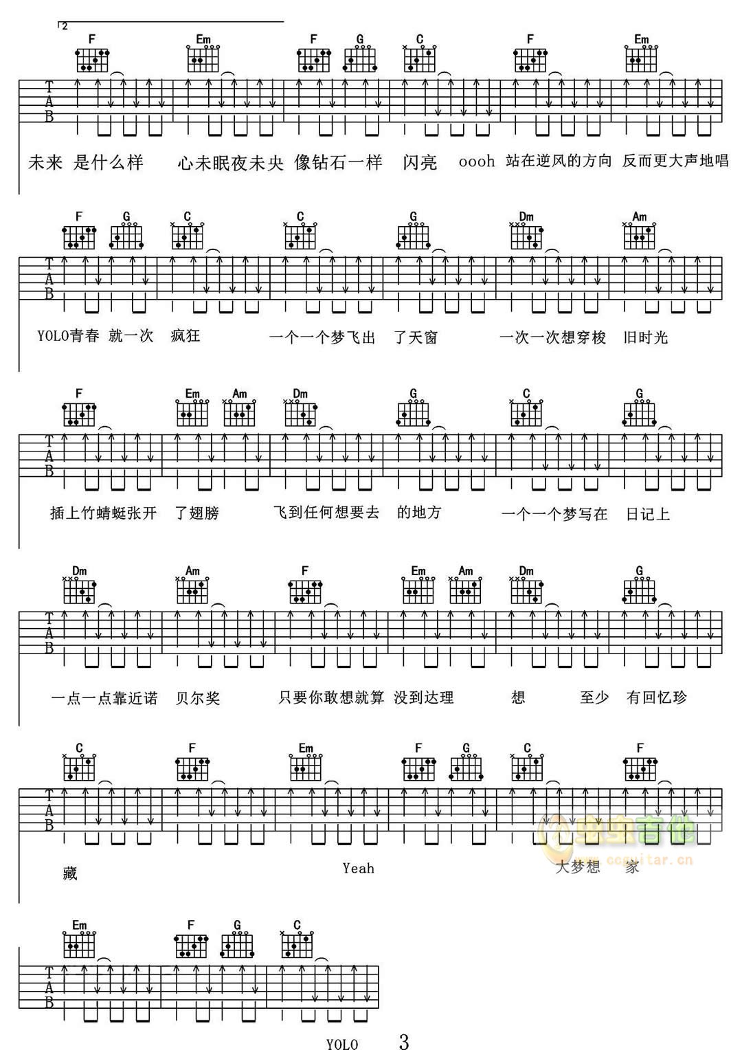 大梦想家吉他谱_TFBOYS_虫虫吉他_C调 