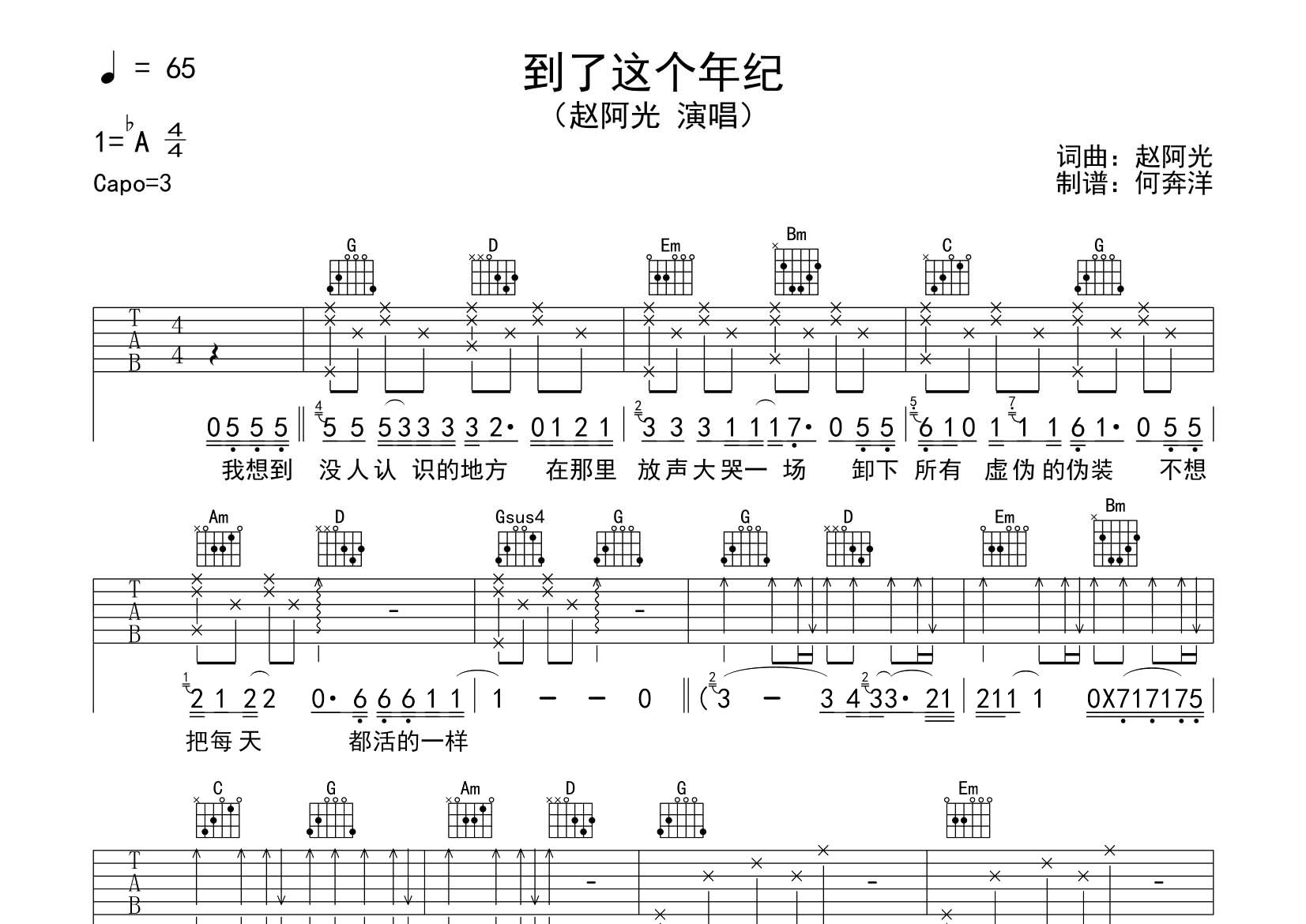 到了这个年纪吉他谱_赵阿光_飞韵吉他_G调 