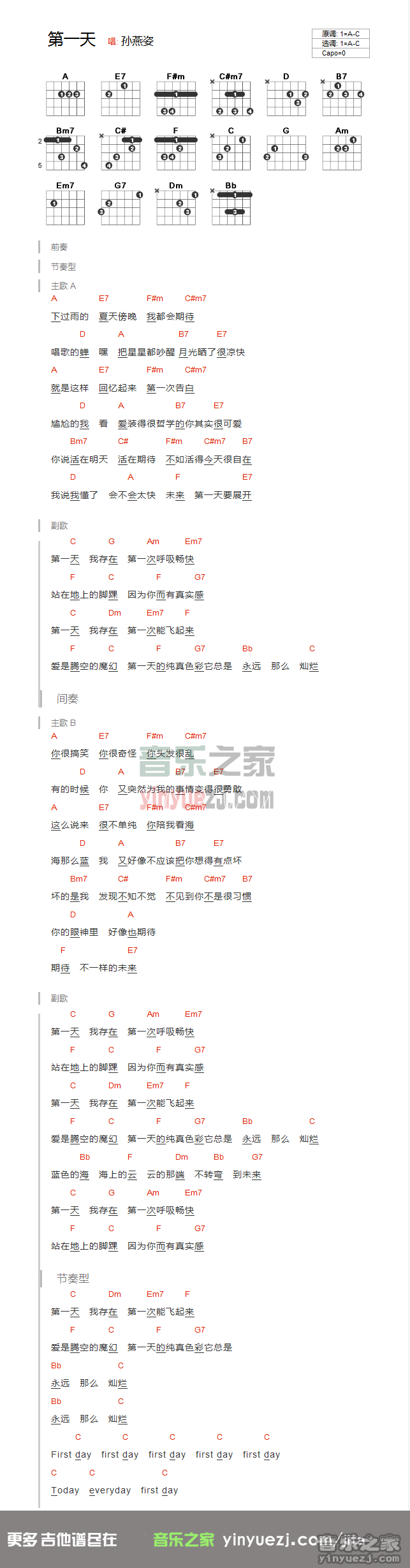 第一天吉他谱_孙燕姿_音乐之家_C调 
