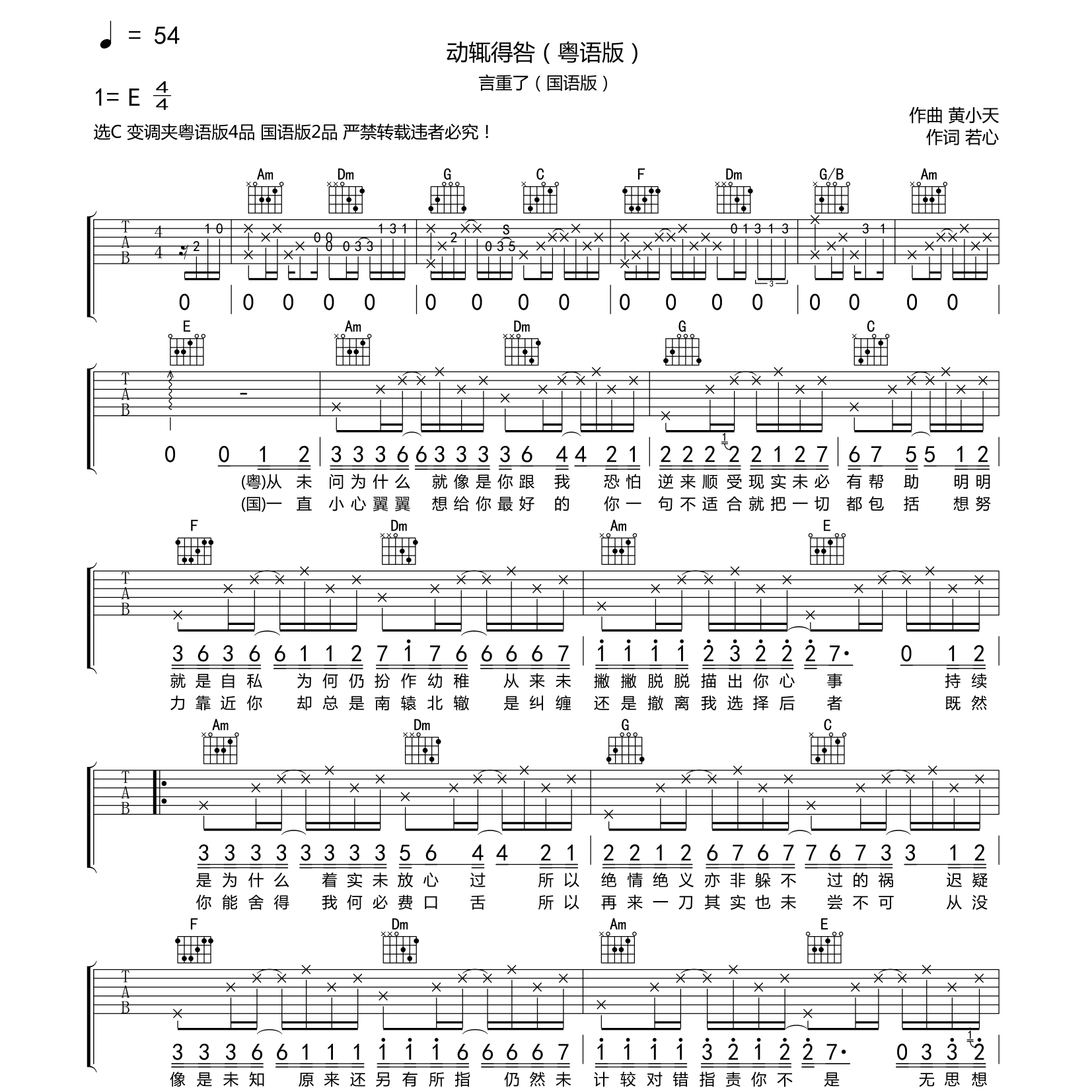 动辄得咎吉他谱_言重了_酷玩吉他_C调