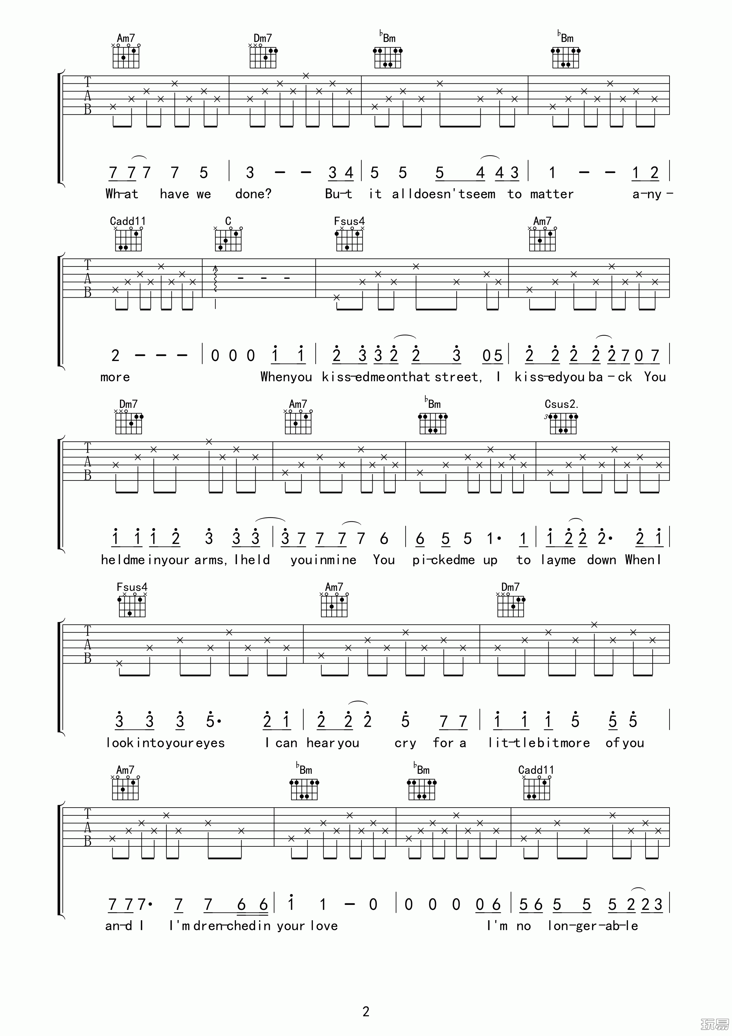 drenched吉他谱_曲婉婷_玩易吉他_F调