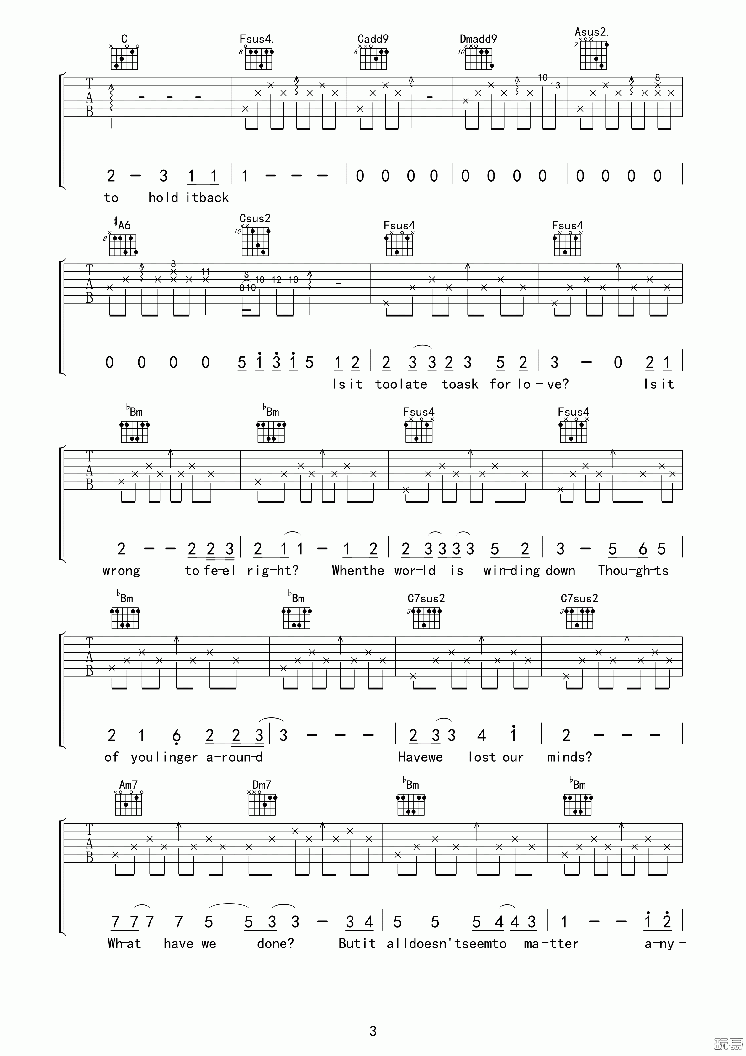 drenched吉他谱_曲婉婷_玩易吉他_F调