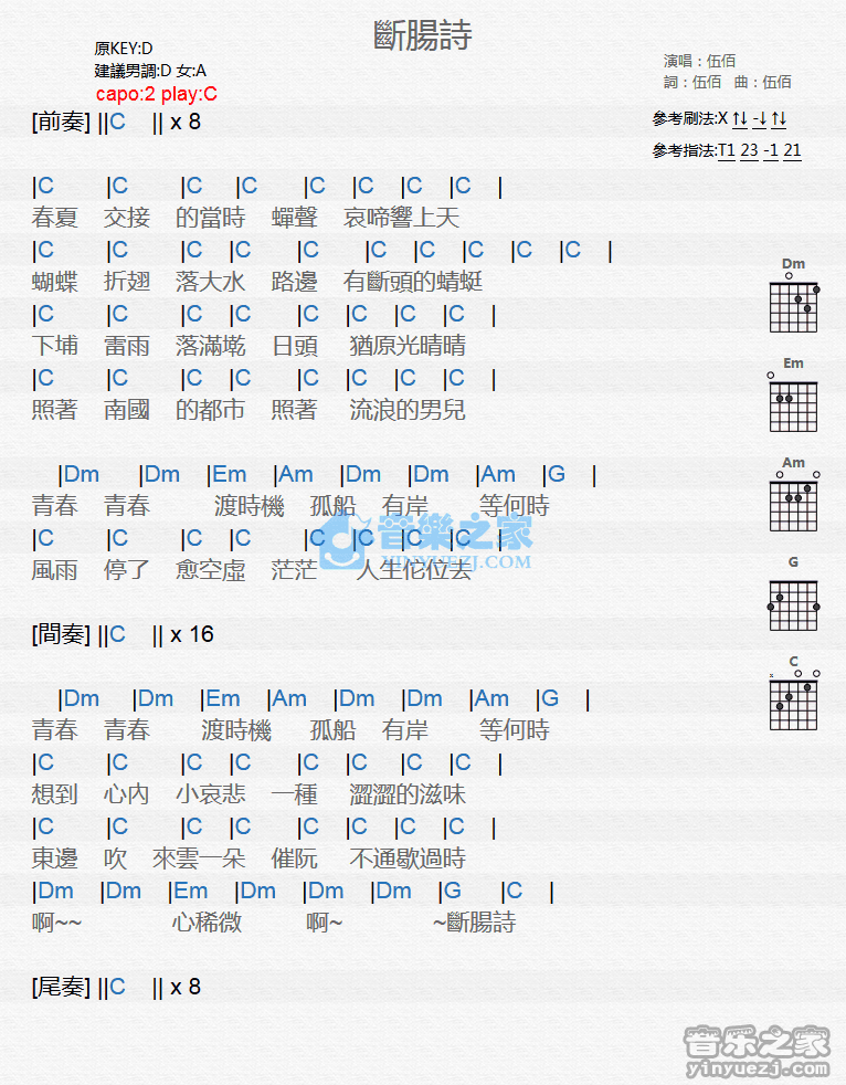断肠诗吉他谱_伍佰_音乐之家_C调