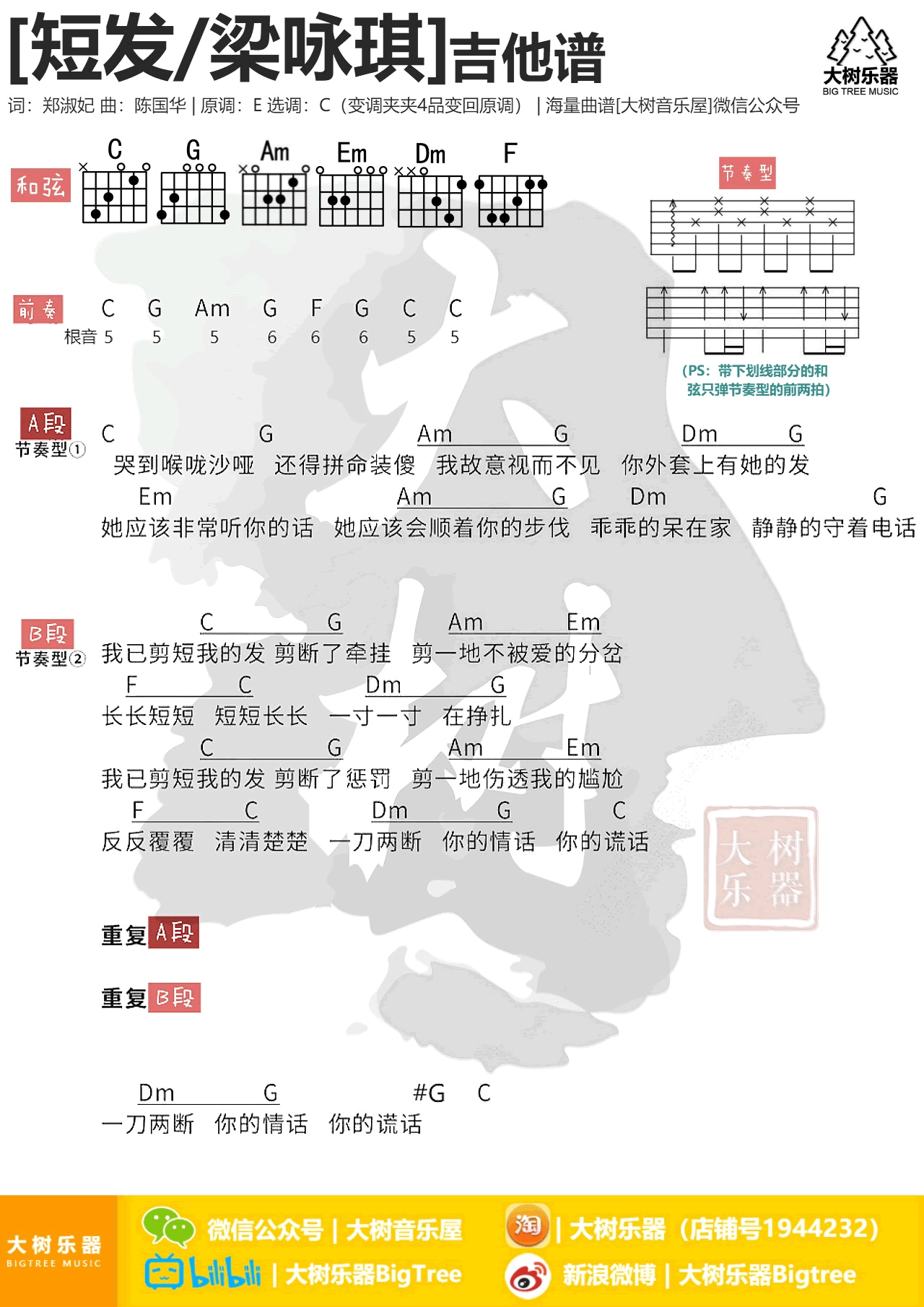 短发吉他谱_张靓颖_大树音乐屋_C调