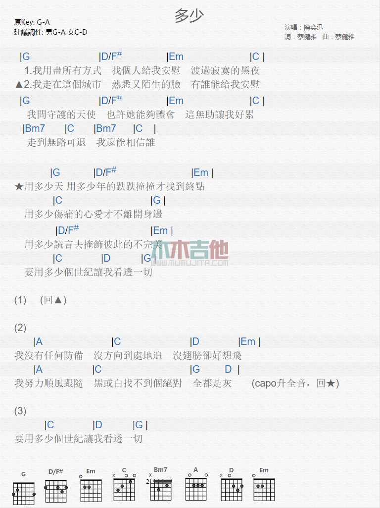 多少吉他谱_陈奕迅_木木吉他_G调 