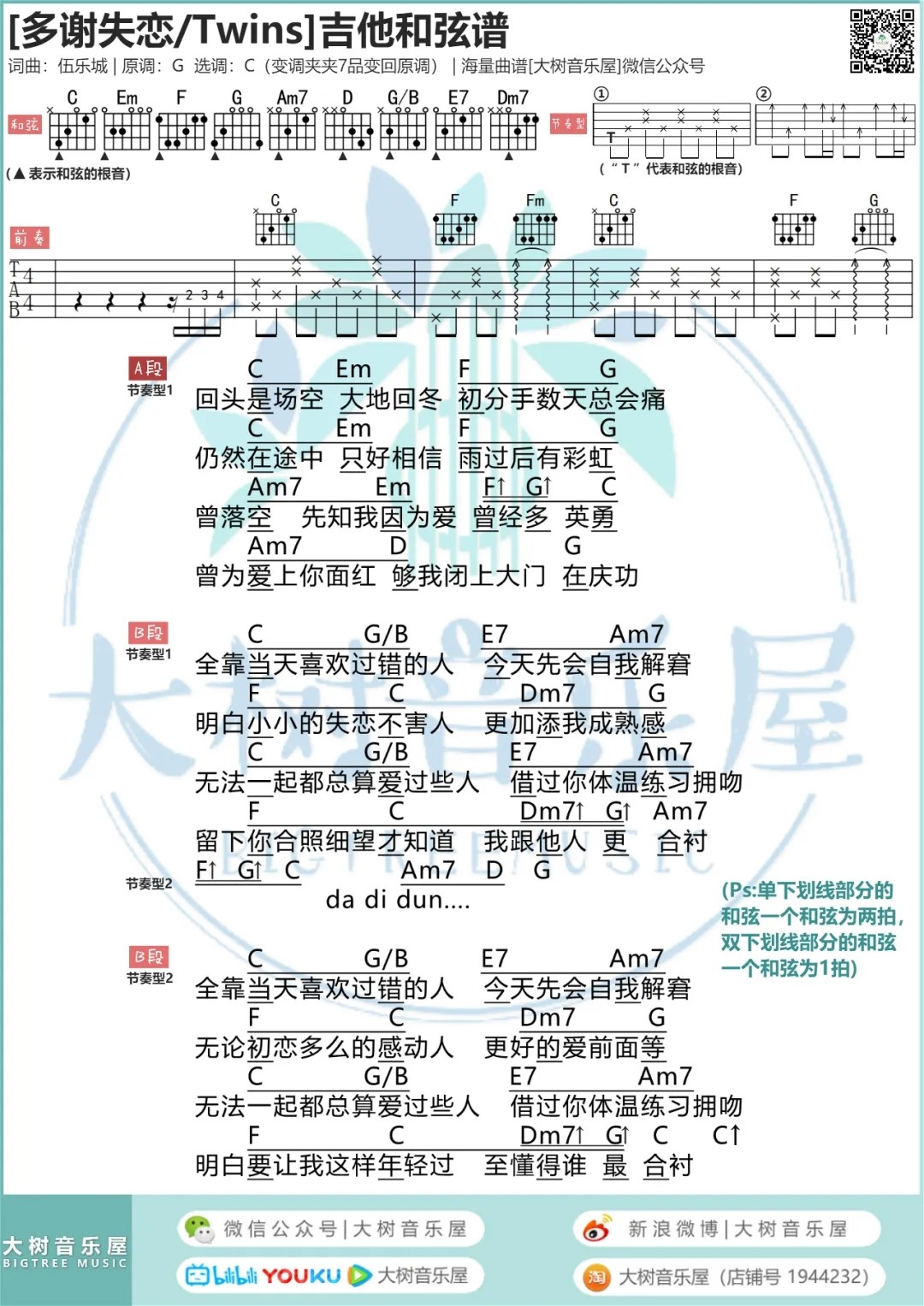 多谢失恋吉他谱_Twins_大树音乐屋_C调
