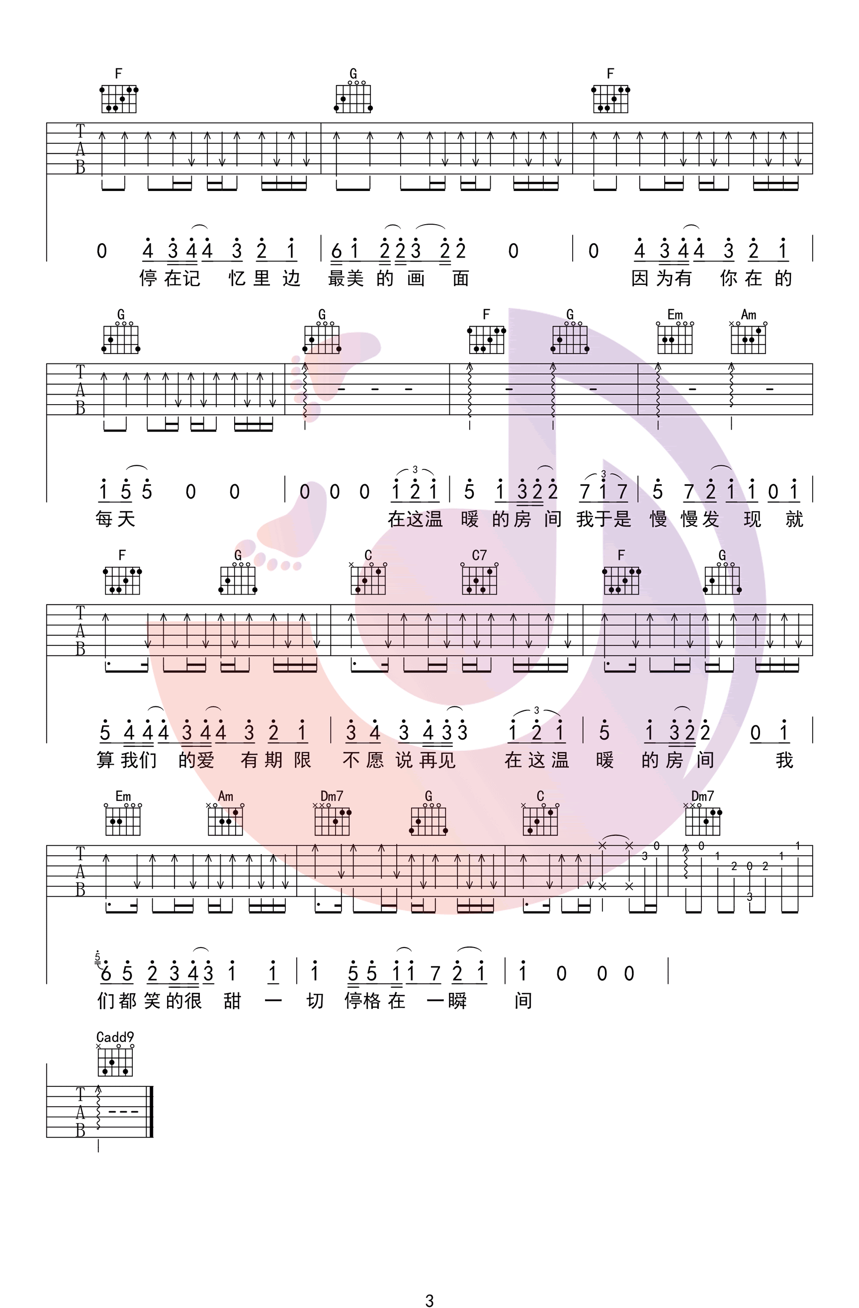 房间吉他谱_刘瑞琪_行人叁音乐_C调