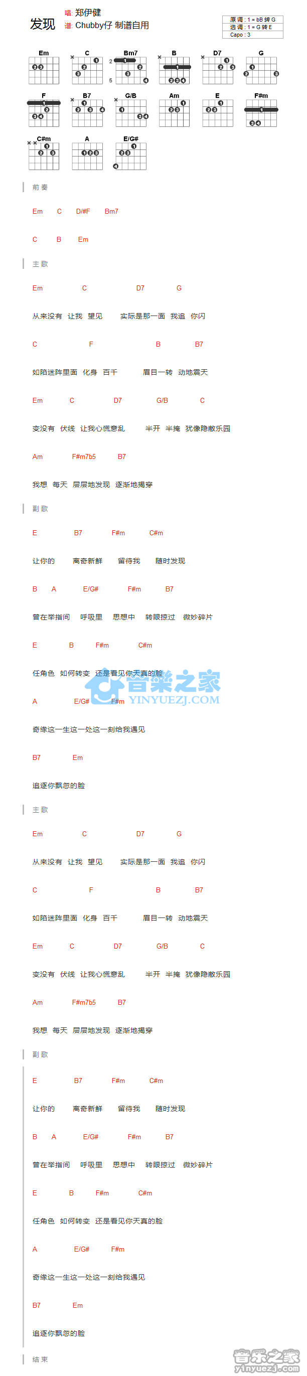 发现吉他谱_郑伊健_音乐之家_G调