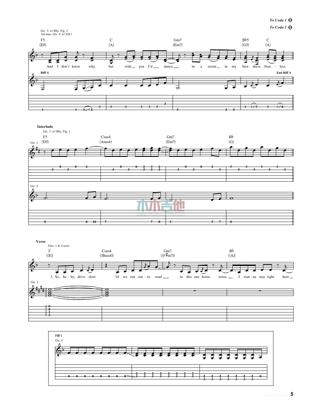 fearless吉他谱_TaylorSwift_木木吉他_A调