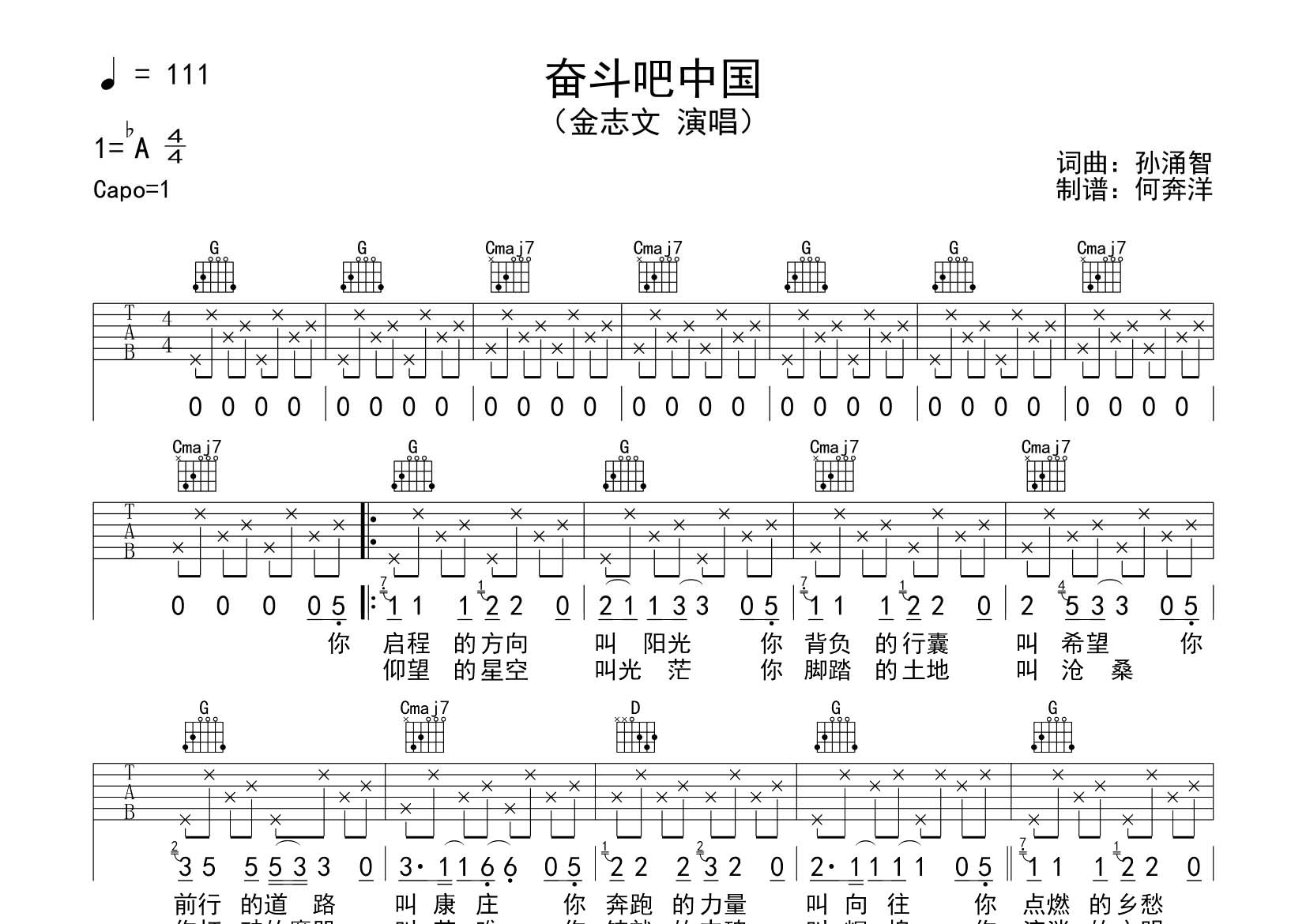 奋斗吧中国吉他谱_金志文_飞韵吉他_G调