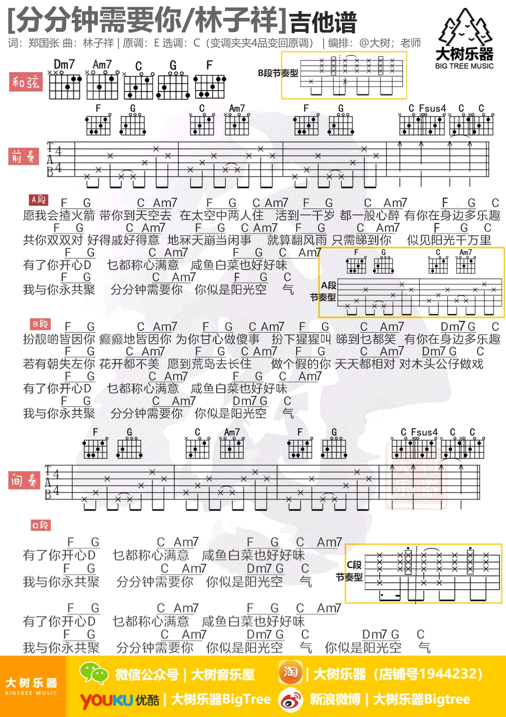 分分需要你吉他谱_林子祥_大树乐器_C调