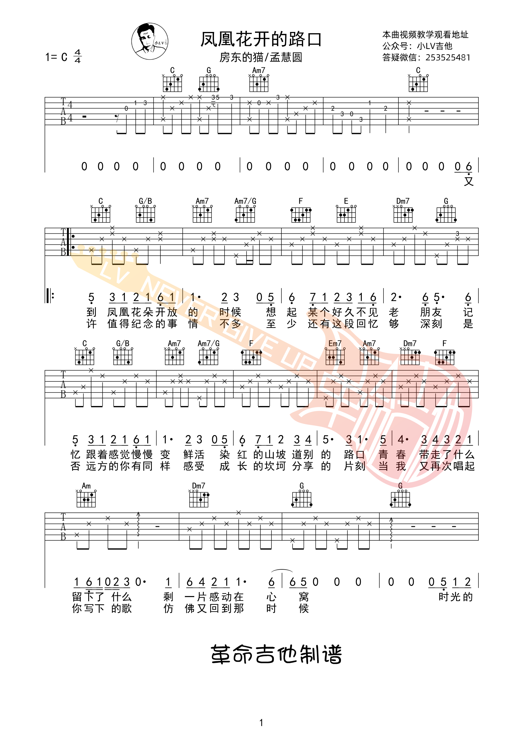 凤凰花开的路口吉他谱_房东的猫_孟慧圆_C调 