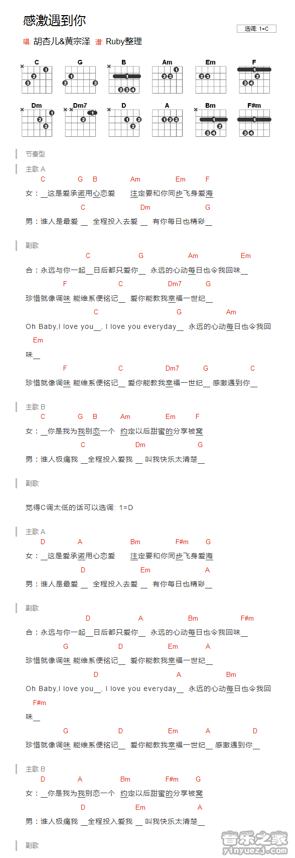 感激遇到你吉他谱_胡杏儿_音乐之家_C调