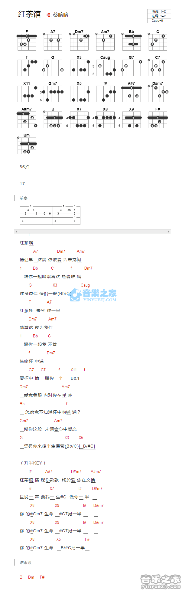 红茶馆吉他谱_陈慧娴_音乐之家_C调 