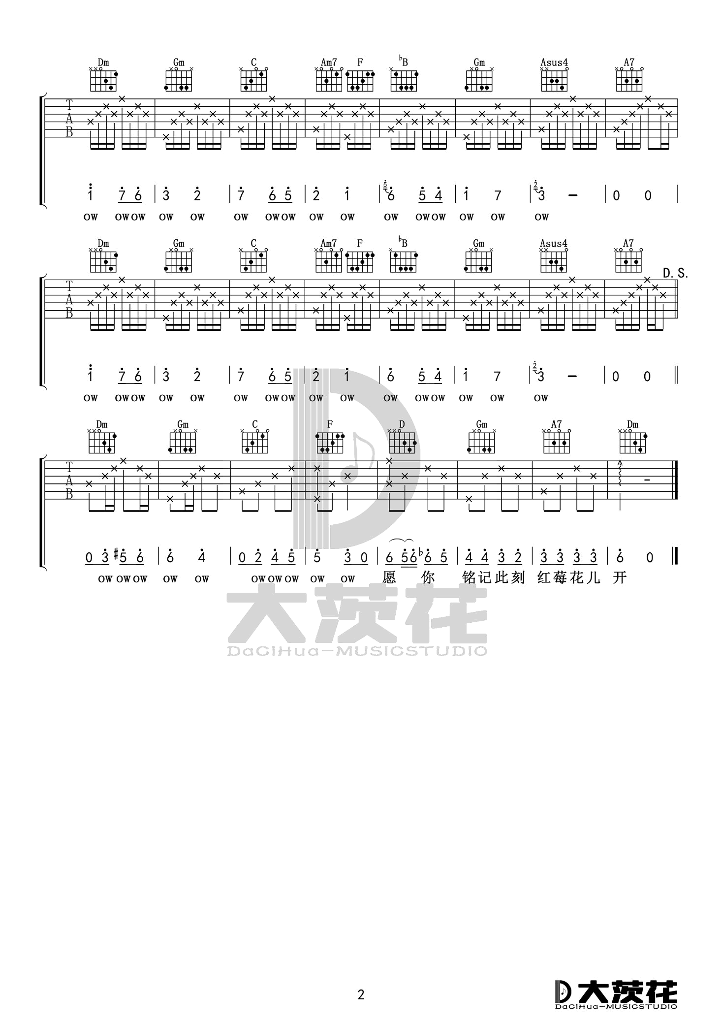 红莓花儿开吉他谱_毛不易_大茨花_F调