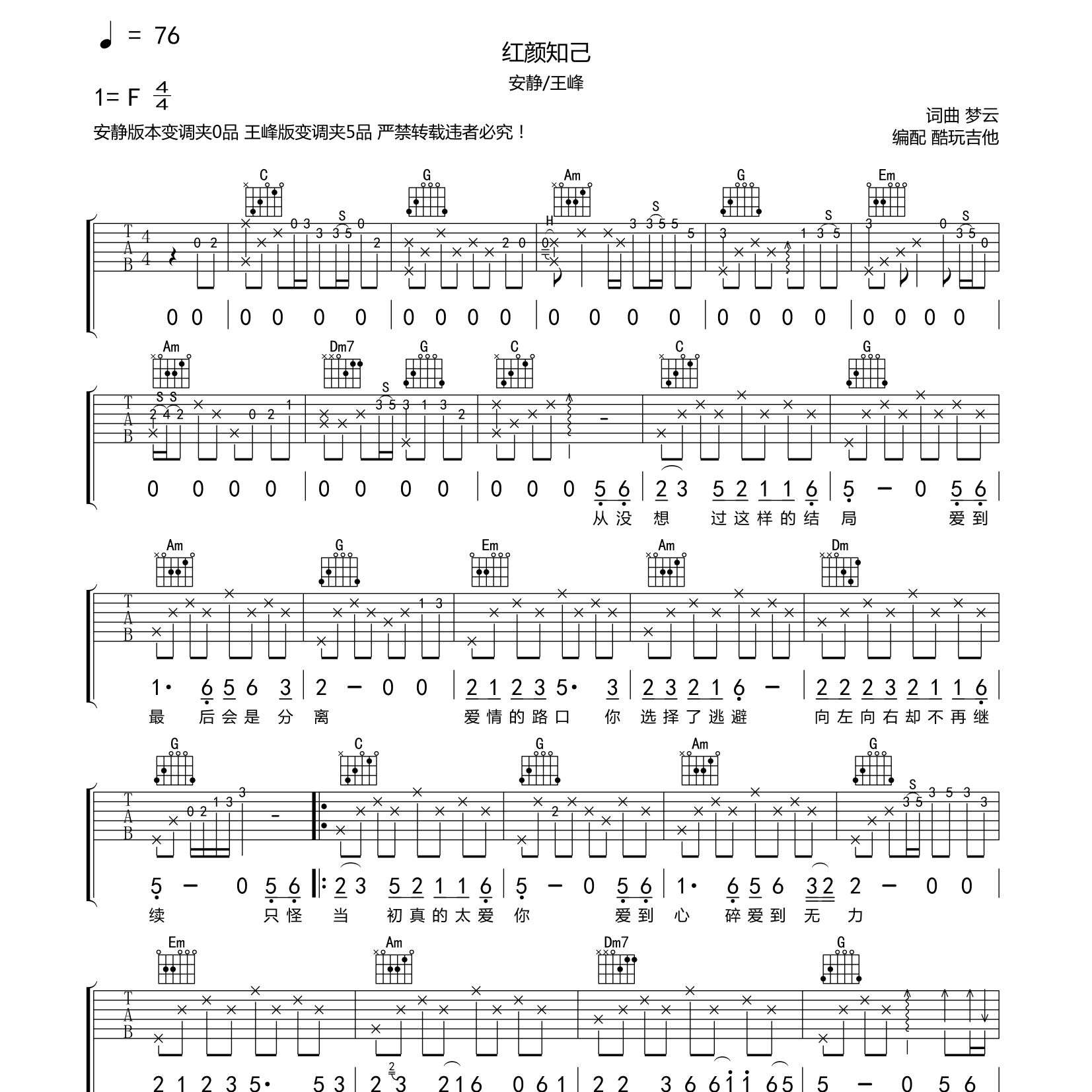 红颜知己吉他谱_安静_王峰_酷玩吉他_C调