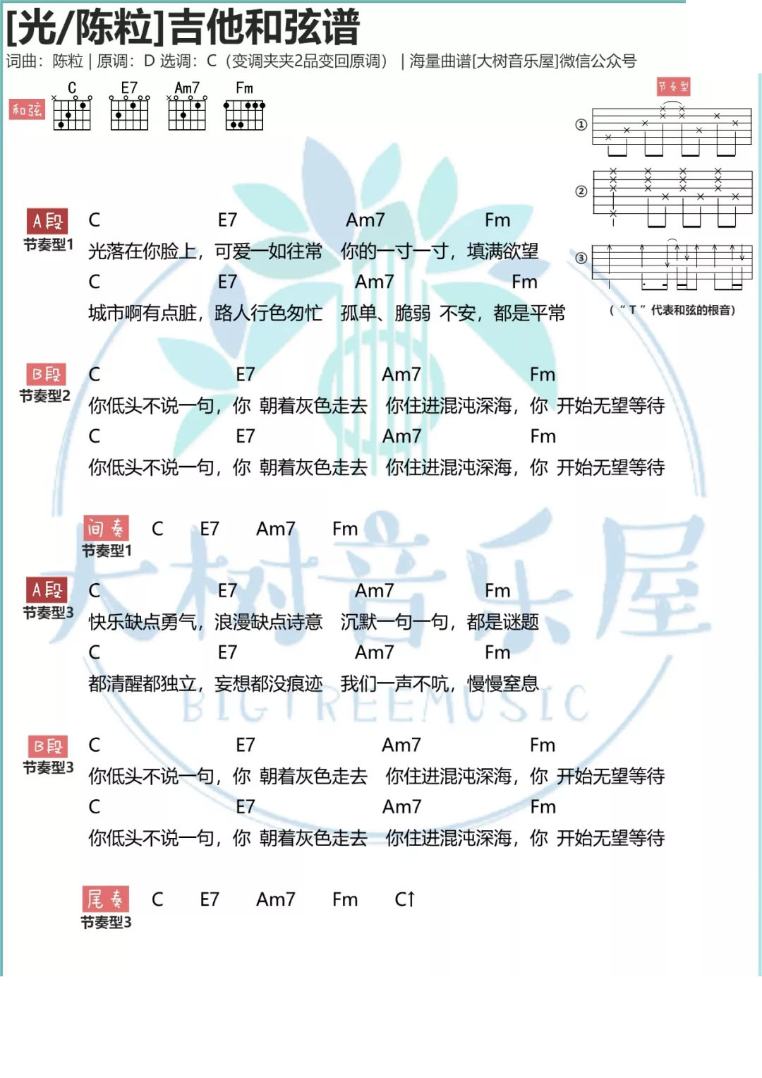光吉他谱_陈粒_大树音乐屋_C调