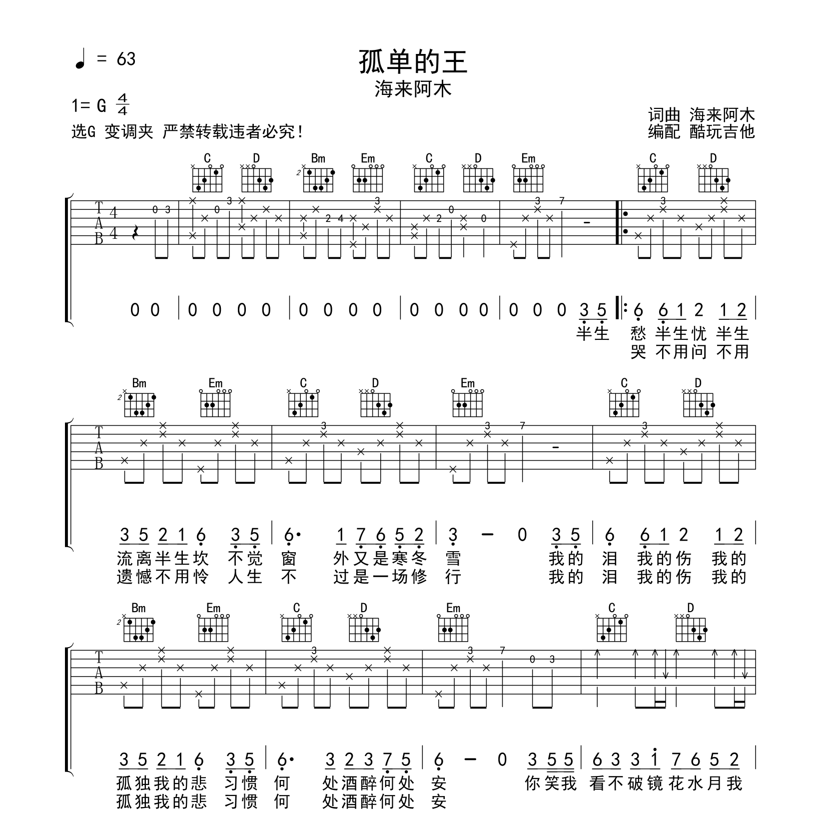 孤单的王吉他谱_海来阿木_酷玩吉他_G调