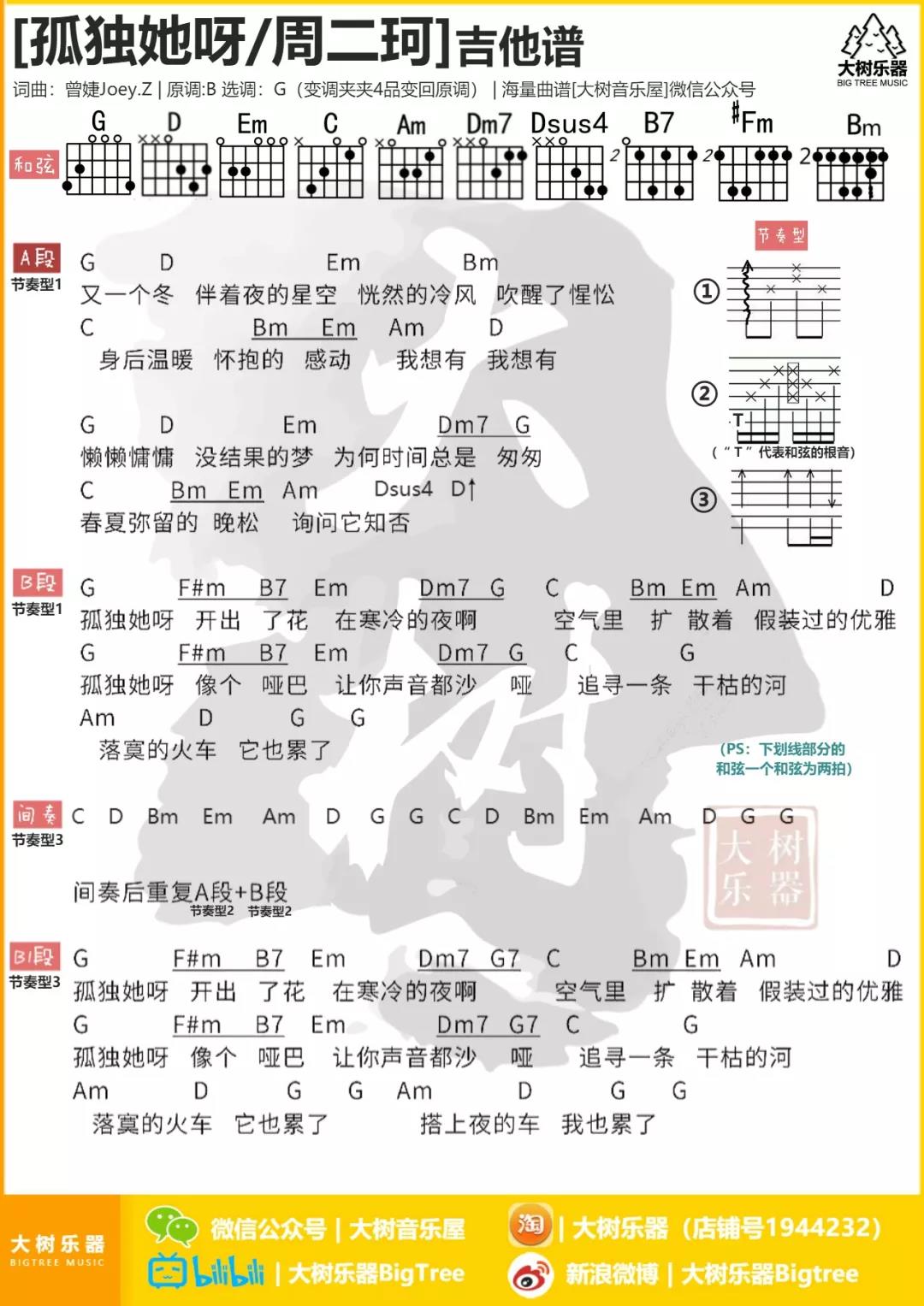 孤独她呀吉他谱_周二珂_大树音乐屋_G调 