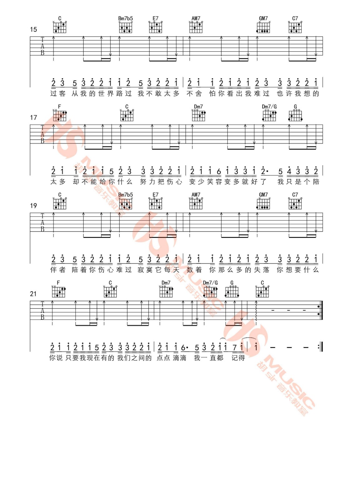 过客吉他谱_阿涵_胡Sir音乐教室_C调