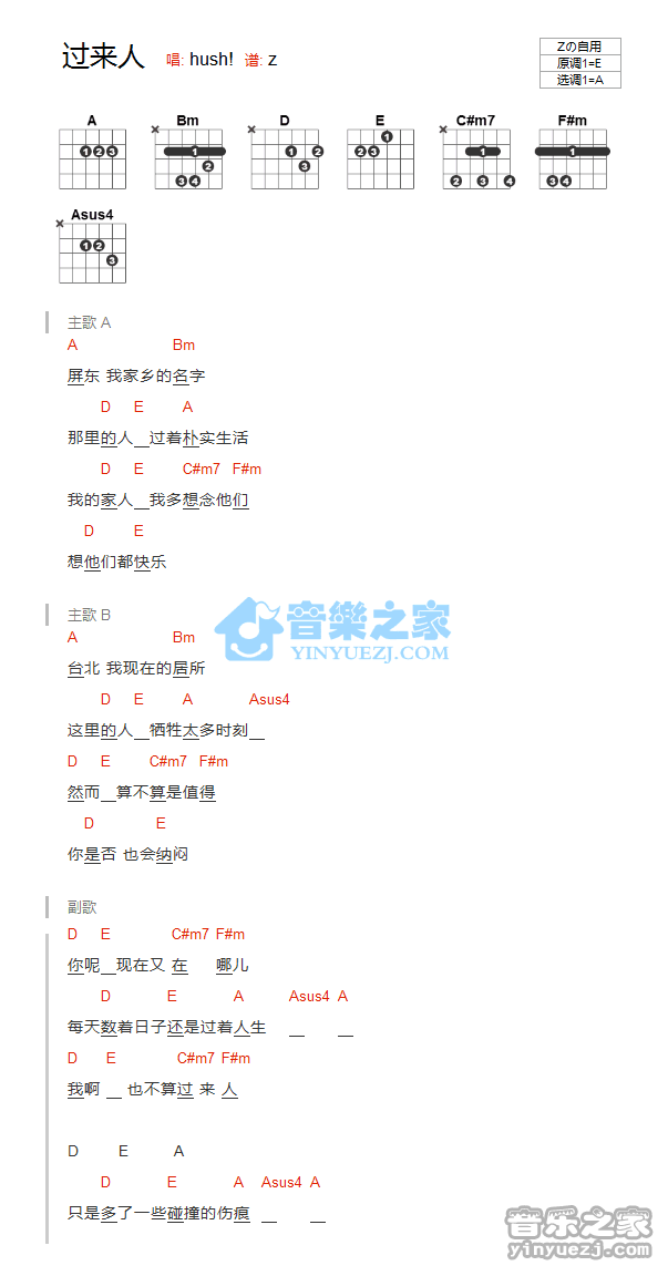 过来人吉他谱_Hush_音乐之家_A调 